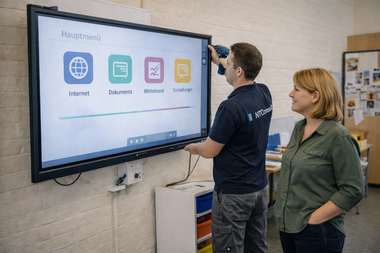 NTConsult-Techniker installiert ein Jobbi-Display in einer Schule