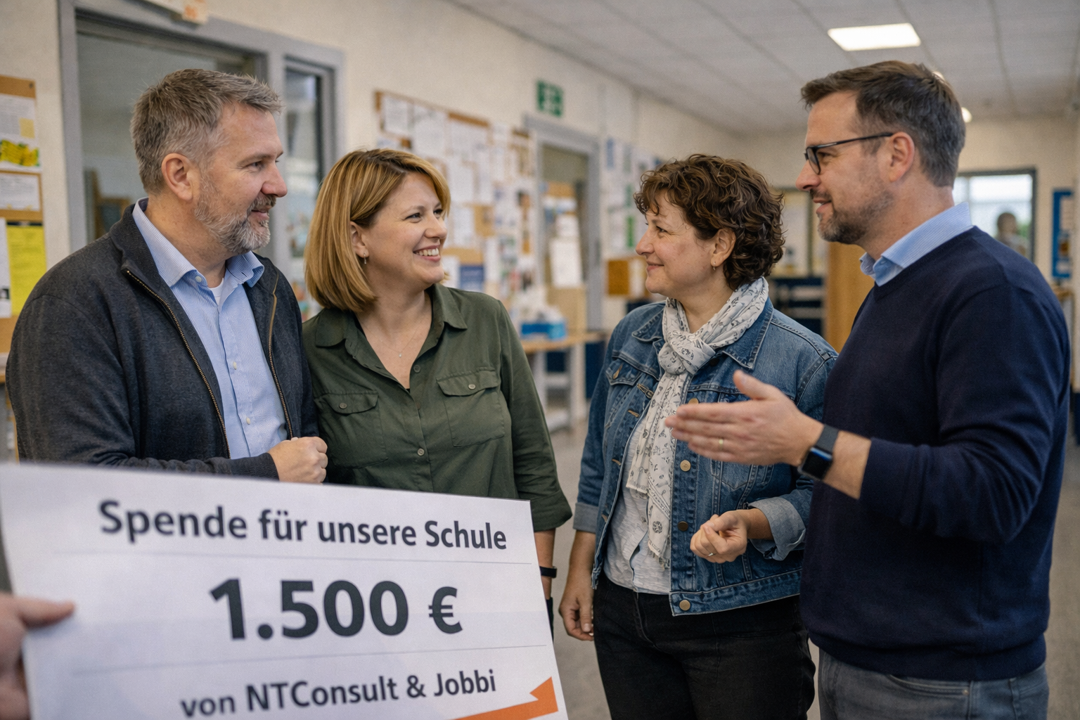 Symbolische Spendenübergabe von NTConsult und Jobbi an eine Schule — 1.500 Euro für den Förderverein