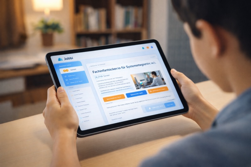Jobbi Webportal auf einem Tablet mit Stellenangeboten für Schülerinnen und Schüler