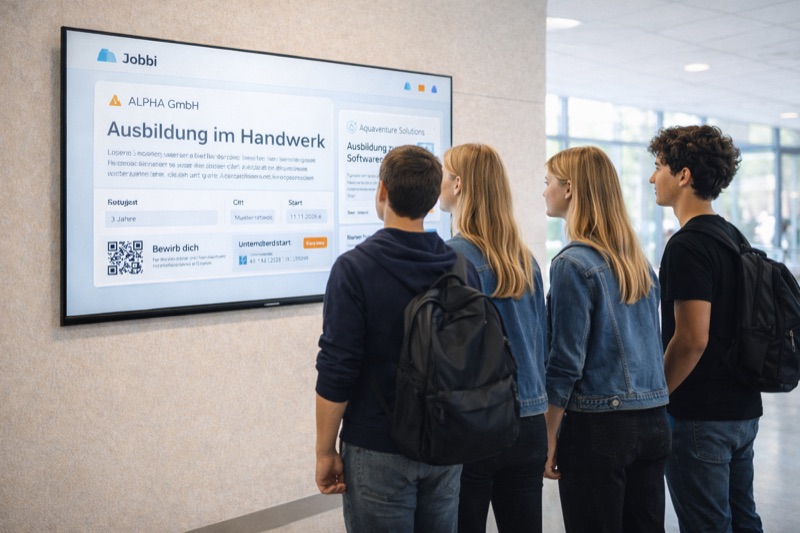 Jobbi 55-Zoll-Display in einer Schulsporthalle zeigt regionale Ausbildungsangebote