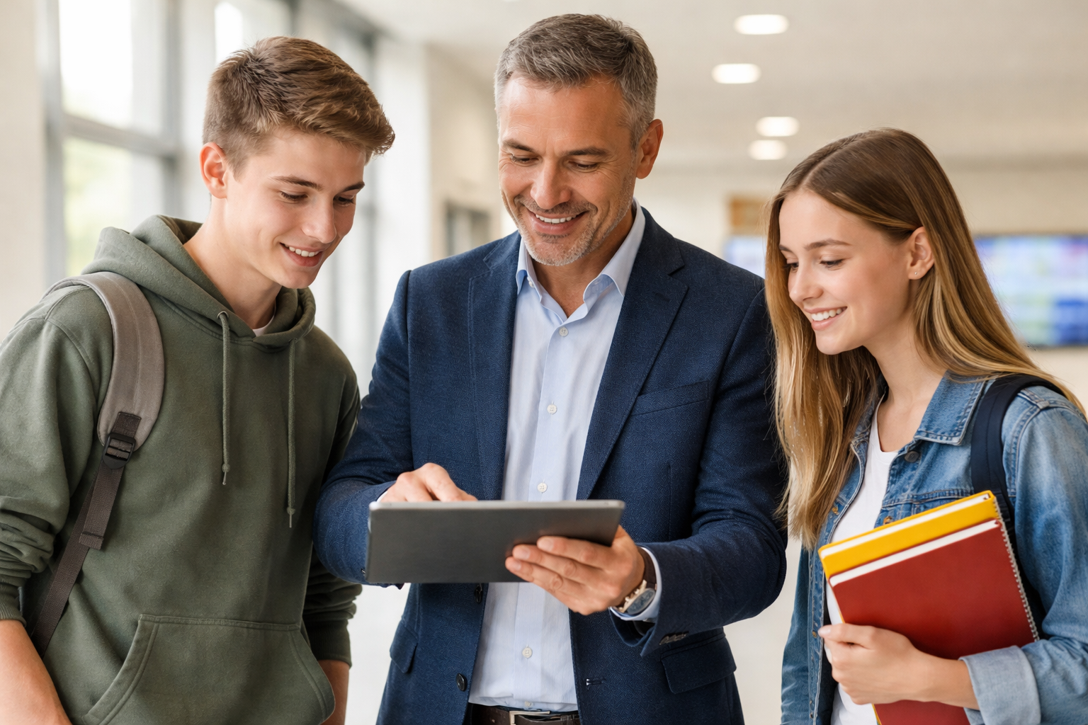 Unternehmer zeigt Schülern Ausbildungsangebote auf einem Tablet